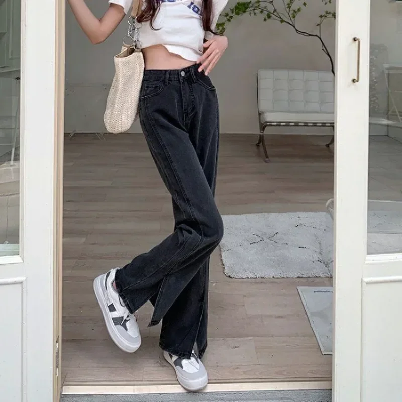 Jeans coreani da donna con spacco frontale vintage retrò tutto-fiammifero street style casual tasca primaverile vita alta trendy solido basic dritto