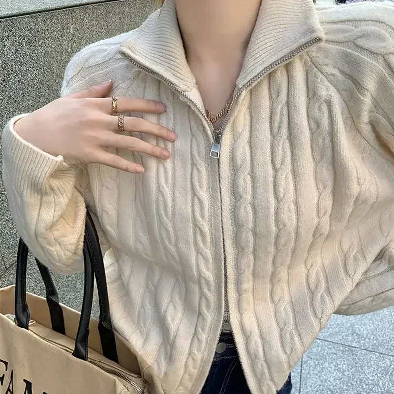 Double Zippered High Neck Knitted Cardigan Sweater for Women Autumn and Winter Loose Fitting American Style Inner Jacket Top Ins