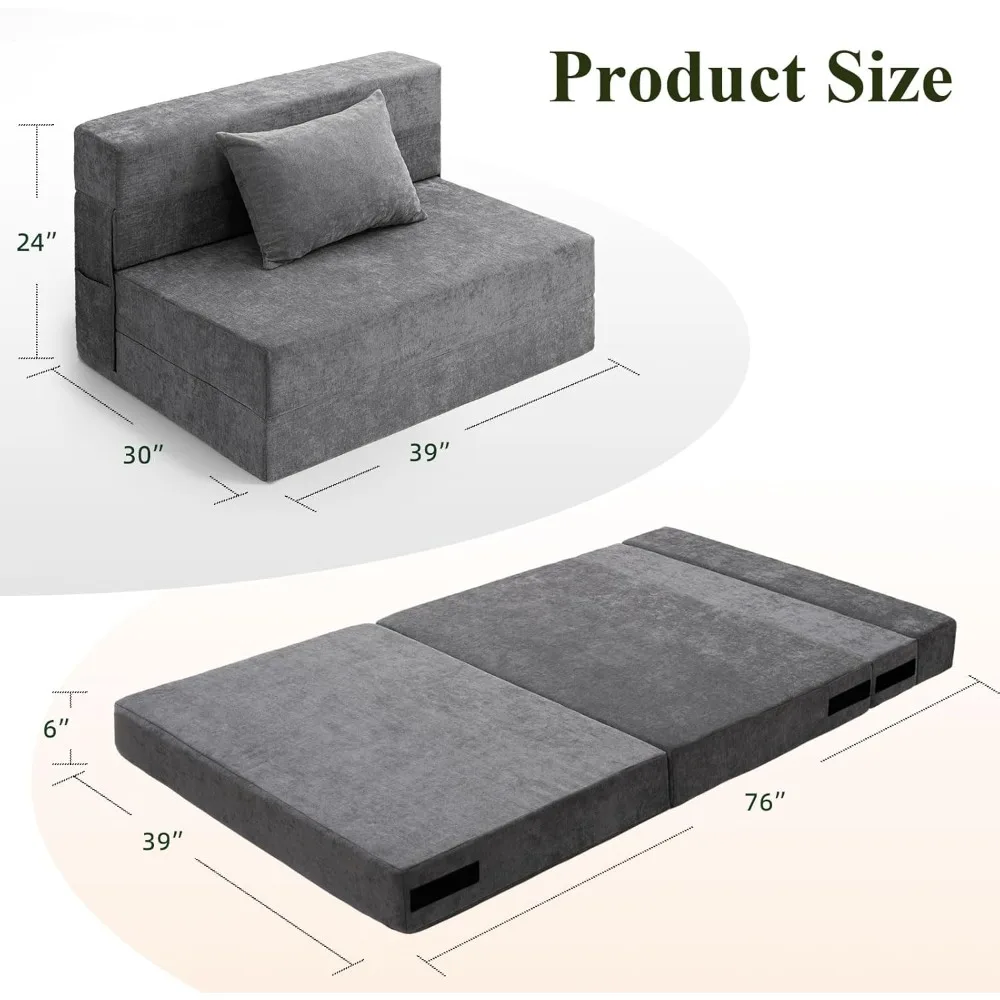 Folding Sofa Bed - Convertible Sleeper Chair with Pillow, Foam Floor Mattress, Lazy Sofas for Dorm/Guest Room, Sofa Living Room