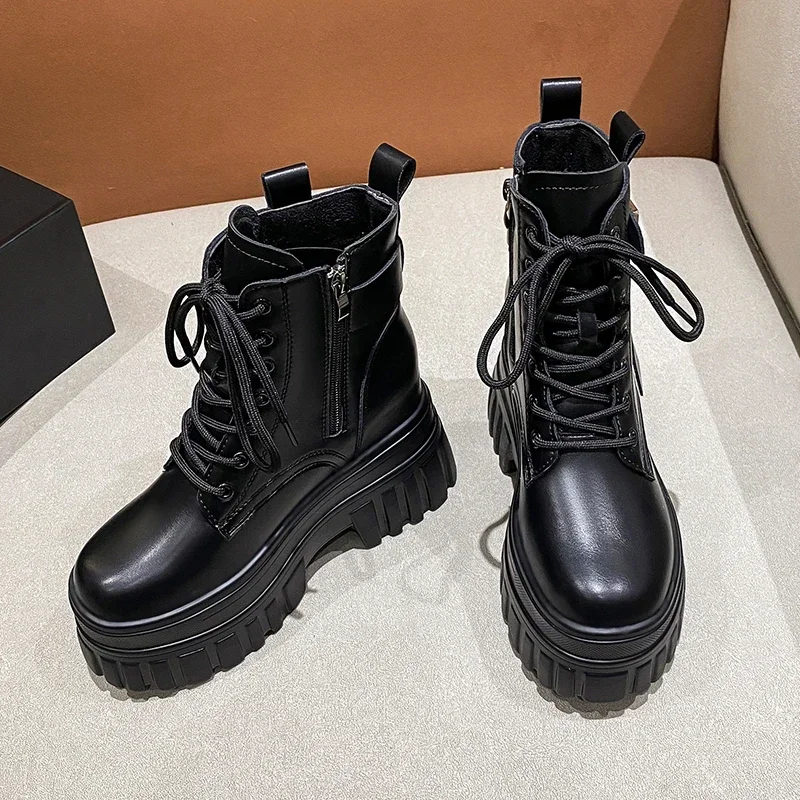 Botas de moto de plataforma alta para mujer, botines cálidos de tacón de cuña de 10CM, zapatillas gruesas, zapatos de cuero para Otoño e Invierno