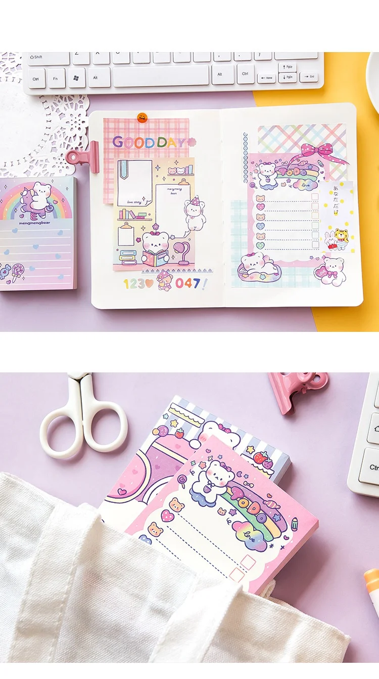 100pcs Memo Cute Bear Purple Pinky Message Notes Handbook Material Paper Girls Boys Notepads