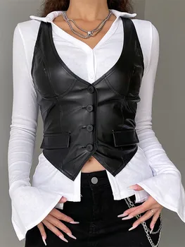 Image Women PU Leather Button Down Crop Blazer Vest Halter Dressy Punk Corset Top V-Neck Sleeveless Y2K Waistcoat Jacket Coat