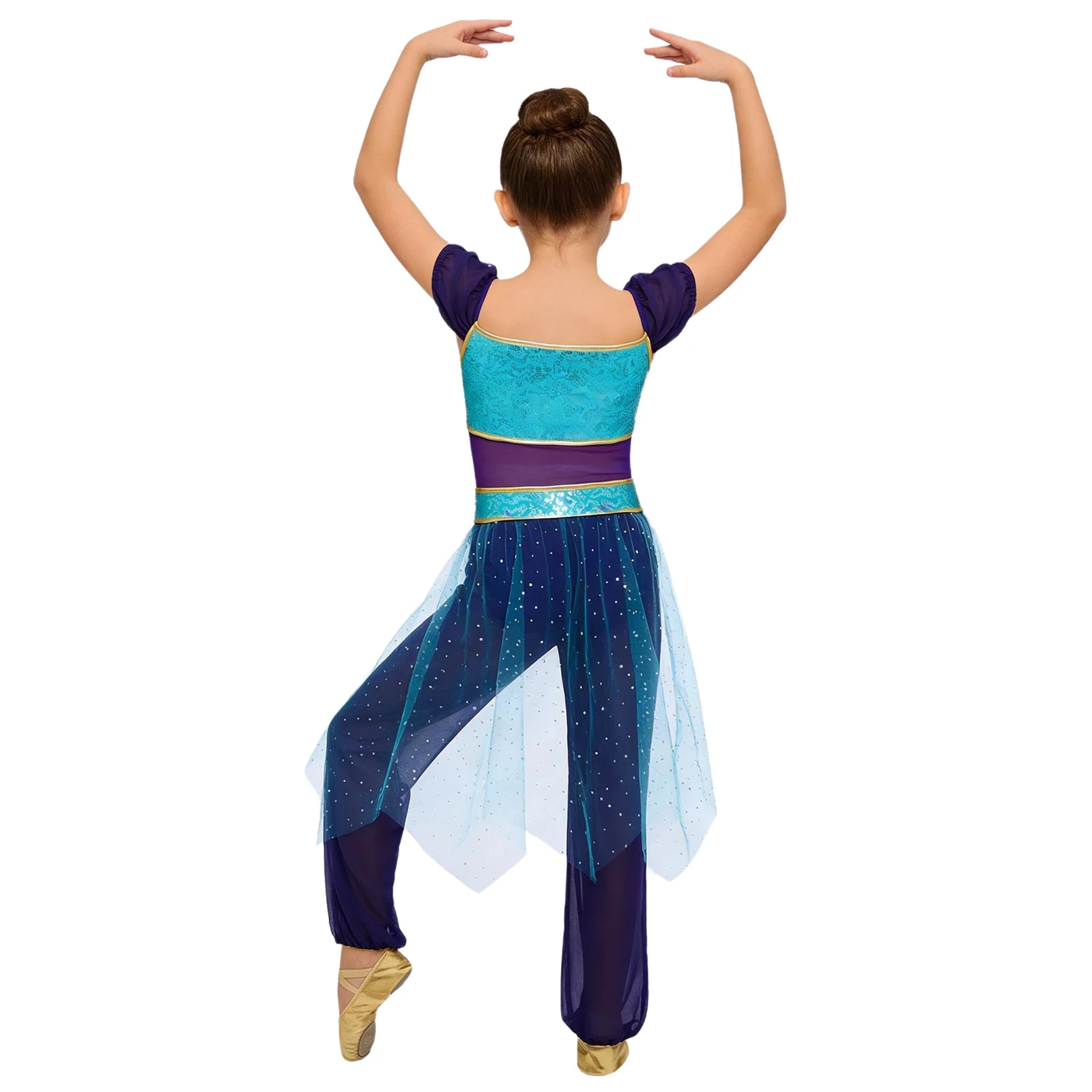 بدلة رقص شرقي للأميرة العربية للأطفال البنات مصنوعة من حجر الراين والترتر وخصر من التول لملابس الهالوين التنكرية #3