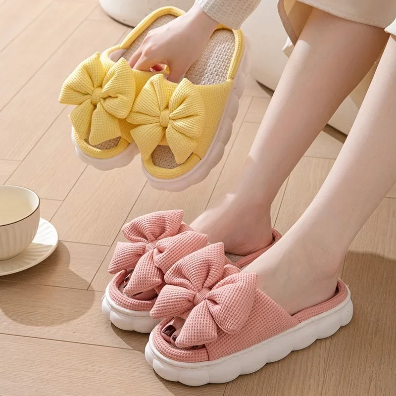 Sweet Bottom Slippers for Women - Solid Color Three-Dimensional Bow Home Shoes