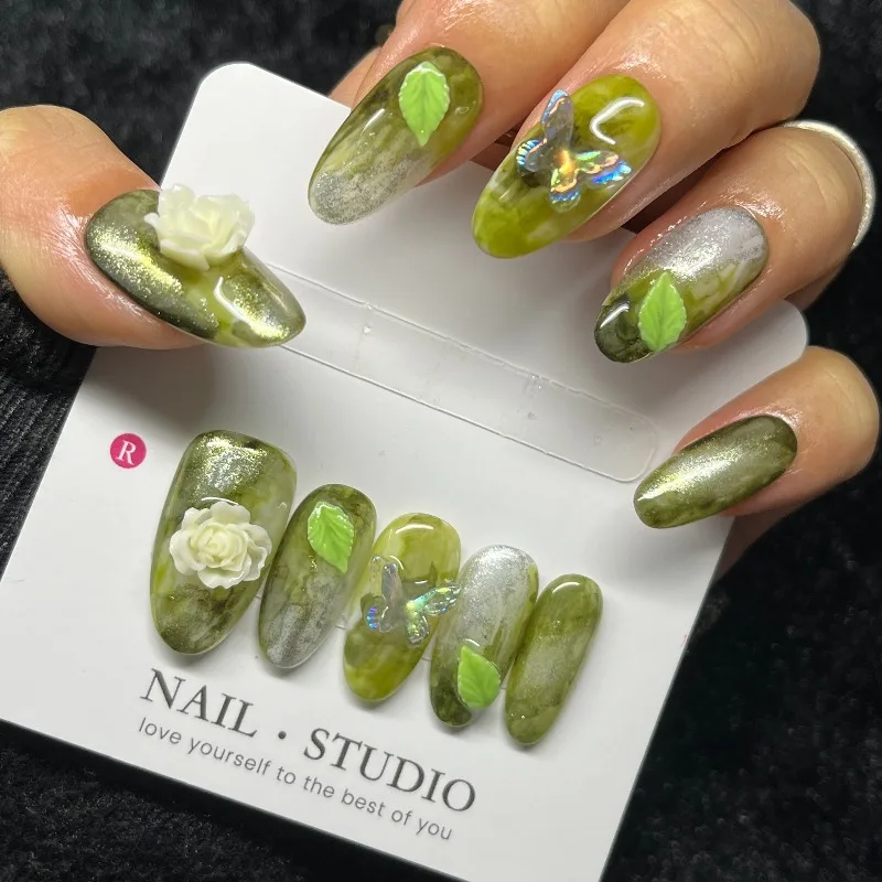 

10PCS 3D Holographic Press on Nails Almond Shape Green with Rose Leaf Butterfly Nature Ethereal False Nails Handmade for Women