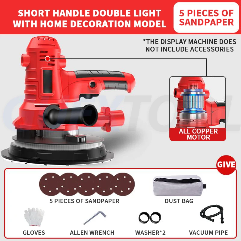 

1680W Electric Drywall Sander with Lamp Wall Putty Polisher Self-Priming Dust-Free Grinding Machine Grinder for Home Decoration