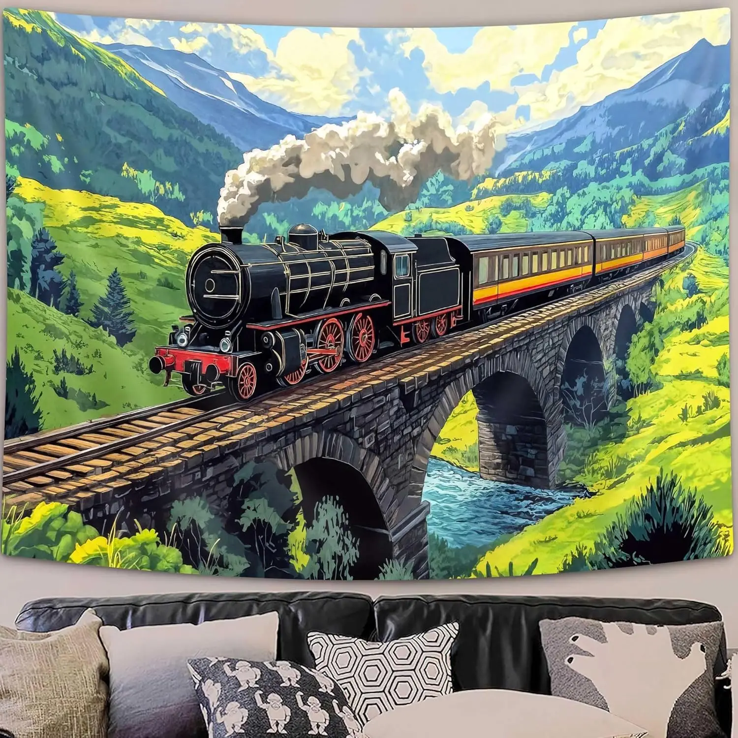 Vintage Steam Train Tapestry Spring Mountain River Bridge Landscape Wall Art for Kids Bedroom Living Room Decor