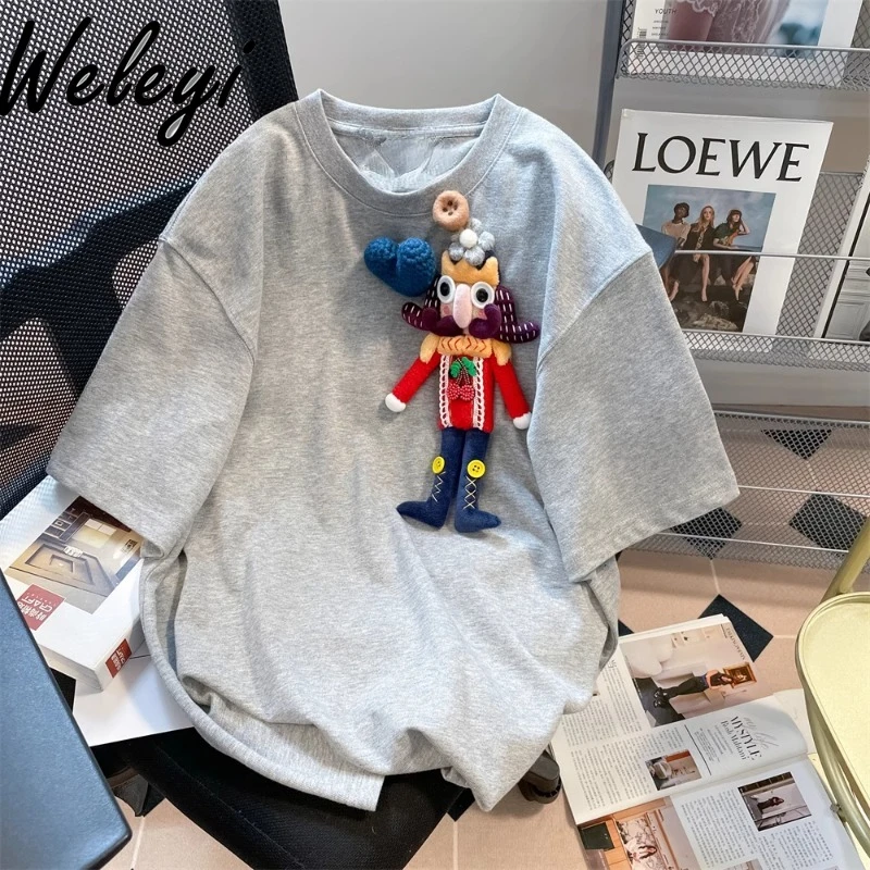 

Women's Cotton Versatile Short Sleeved T-shirts 2024 Summer Sweet Chic Heavy Work Three Dimensional Cartoon Doll Loose Camisetas