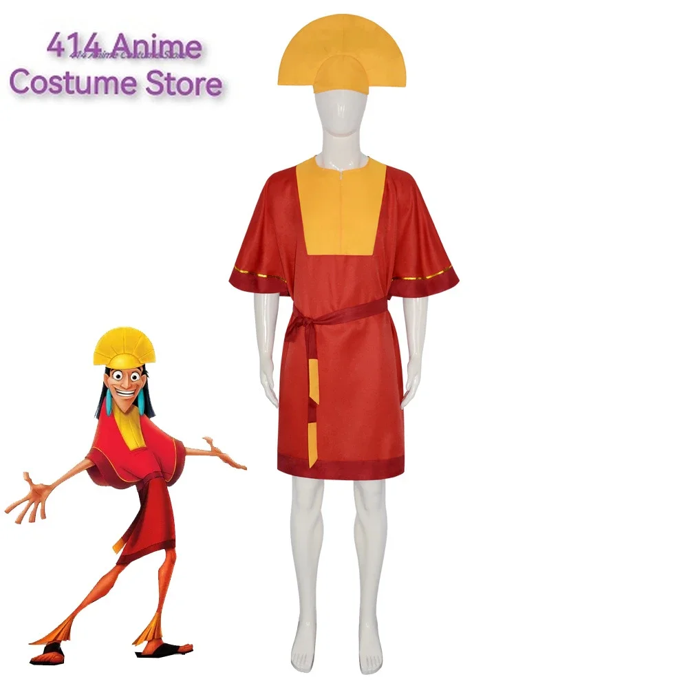 Anime Emperor Kuzco Cosplay Costume King red Jumpsuit Yellow Hat Belt Outfits with Men Halloween Fancy Uniform