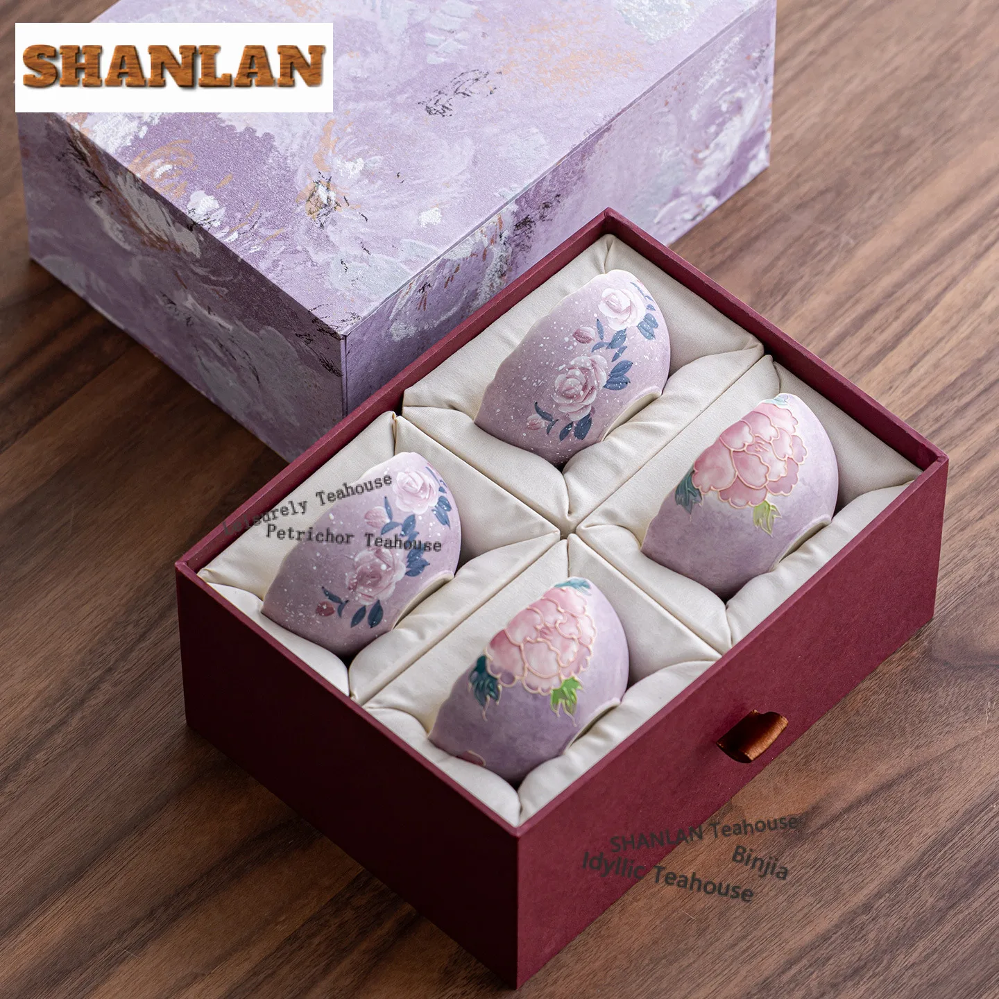 4pc/set Hand-painted Rose Purple Smoke Peony Teacup Traditional Tea Bowl Jug Tea-tasting Personal Cup Jianzhan Master Cups Gift