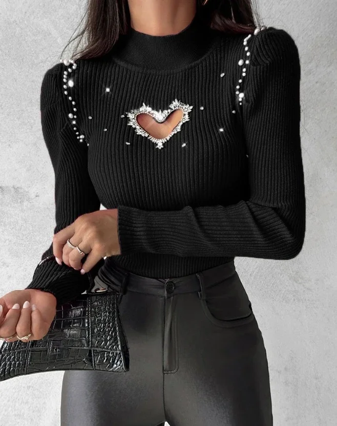 Tops for Women Winter Blouse Casual Solid Color Rhinestone Hollow Heart Knit Long Sleeve Pullover Skinny Sweater for Women