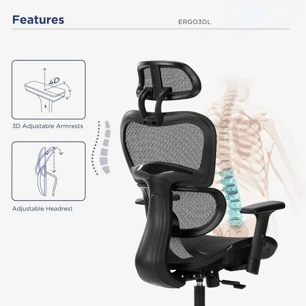 Ergo3D Ergonomic Office Chair Lumbar Support Mesh Office Chair with 4D Adjustable Armrest, Adjustable Headrest and Wheels.