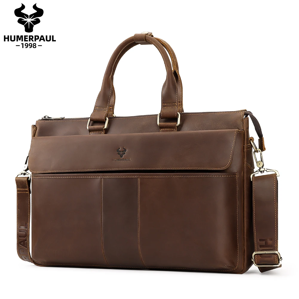 HUMERPAUL Multifunctional Brieficase for Men Genuine Leather Messenger Bag Travel Crossbody Bag Business Shoulder Laptop Bag