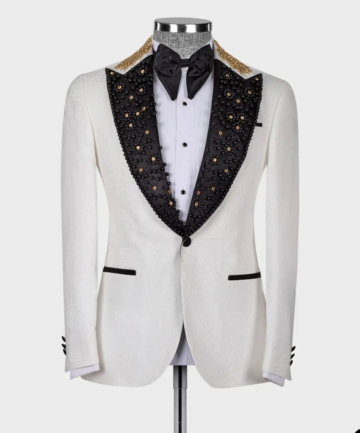 Luxury Pearls Men Suits Set Wedding Tuxedo 2 Pieces Blazer Pants Custom Made Prom Dress Male White Party Coat Jacket