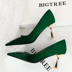 BIGTREE Women 7cm High Heels Velvet Pumps Wedding Bride Prom Heels Luxury Designer Replica Rhinestone Pointed Toe Suede Shoes