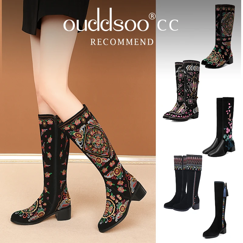 

Ods Womens Genuine Leather Knee High Embroidered Vintage Shoes Ethnic Style Winter Zipper Cow Suede Lace Up Long Boots 40414243