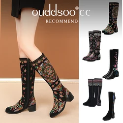 Ods Womens Genuine Leather Knee High Embroidered Vintage Shoes Ethnic Style Winter Zipper Cow Suede Lace Up Long Boots 40414243