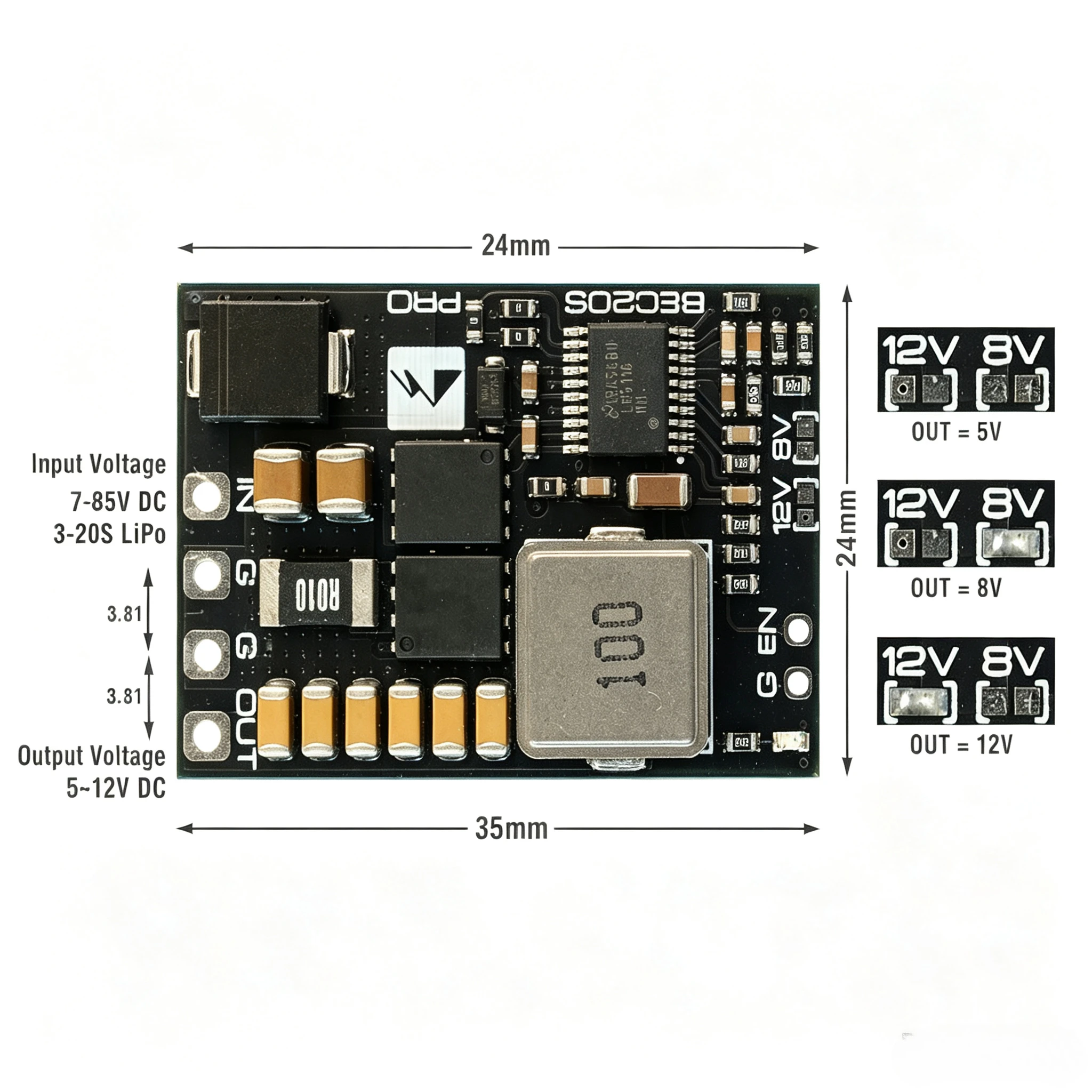 Mateksys BEC20S‑PRO Step‑Down Regulator 7‑85V Input 5V/8V/12V 5A Continuous Output Power Supply for FPV Quad