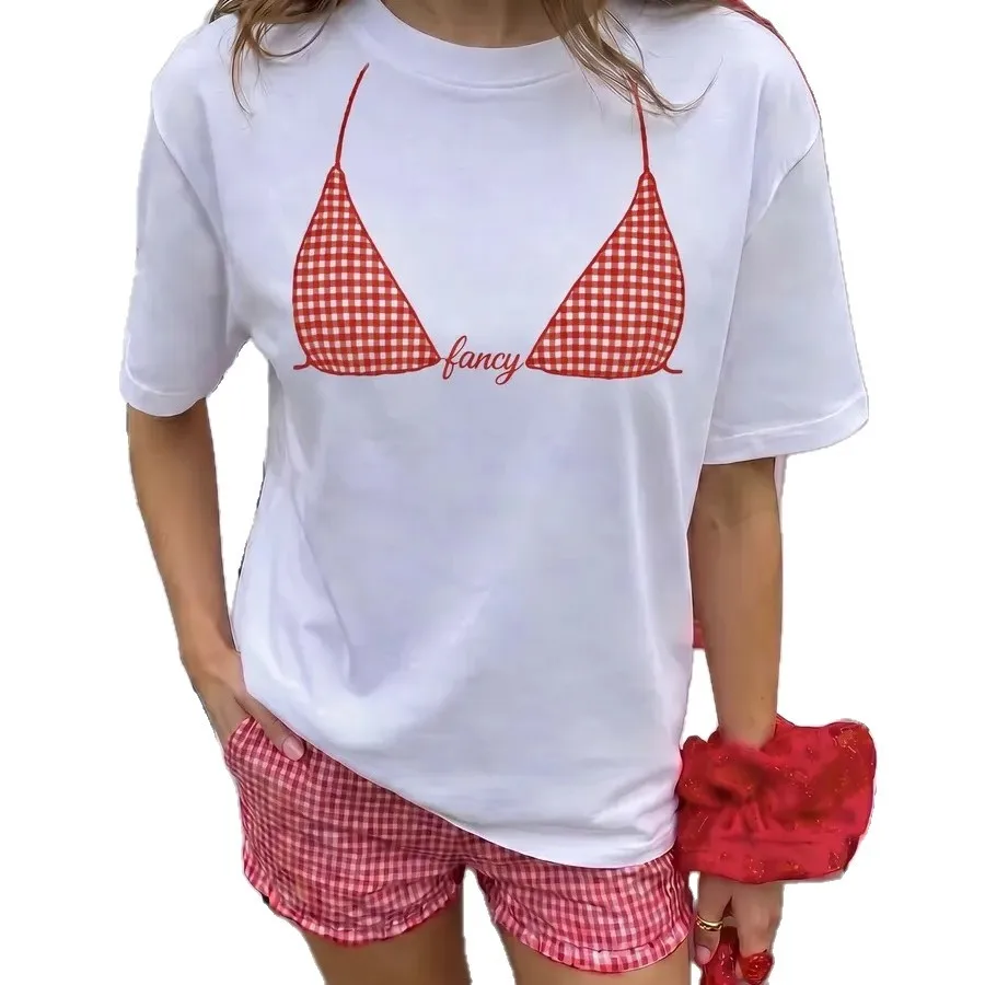 Beach Coquette Y2K Cute Red Gingham Bikini Print Oversized Tee Loose 100% Cotton Pastel Summer Vacation Casual Short Sleeve Top
