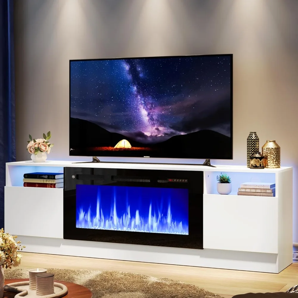 70인치 TV 스탠드와 36인치 전기 벽난로, 대형 모던 미디어 엔터테인먼트 센터, 수납장 및 12색 LED 포함