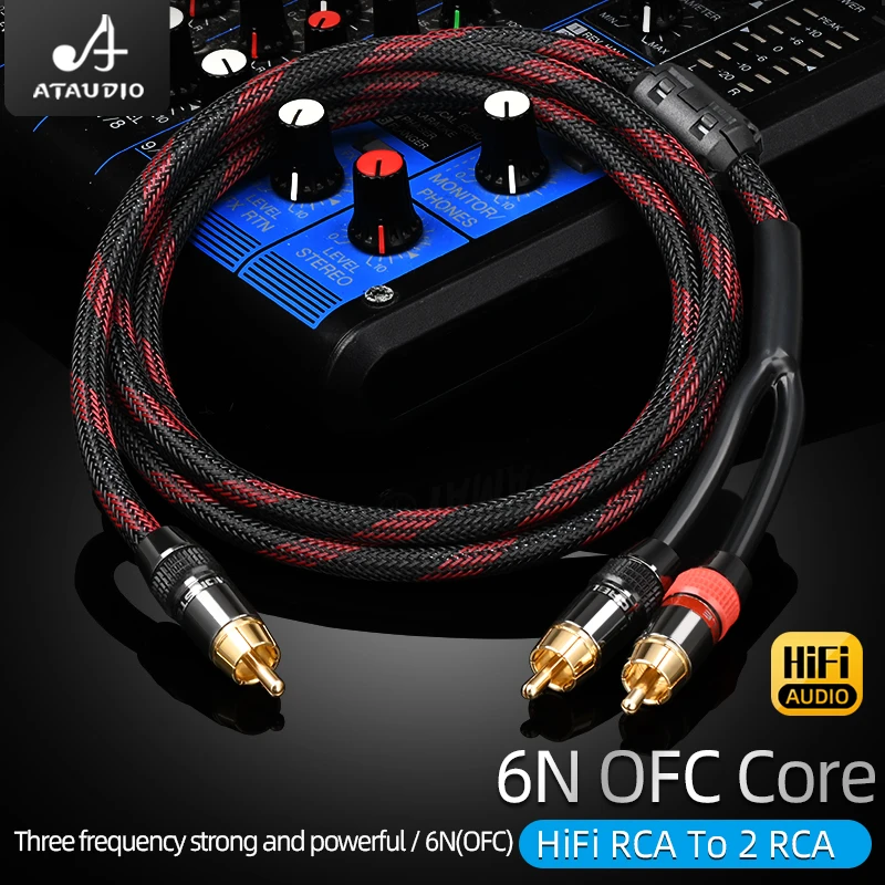 ATAUDIO HIFI RCA Audio Cable 6N OFC Core RCA Male to 2RCA Splitter Jack Audio Cable for Phone Amplifier Home Theater