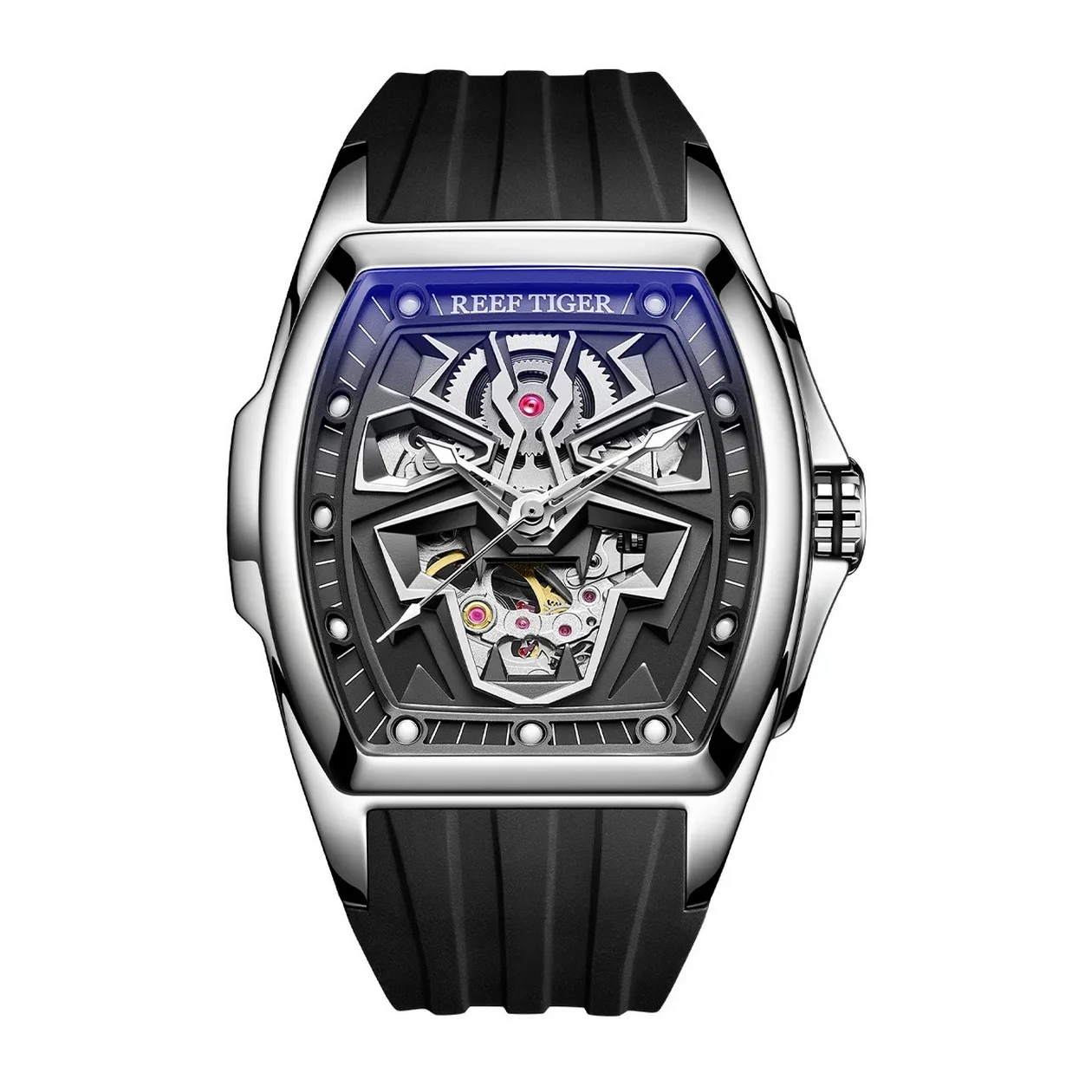 Reef Tiger Men นาฬิกาอัตโนมัติ 42.3 มม.Tonneau นาฬิกาข้อมือ Luminous Black Panther Dial Sapphire Mirror