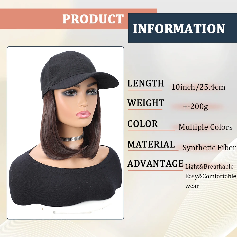 Baseball Cap with Synthetic Hair Extensions Heat Resistant 10 Inch Adjustable Short Straight Bob Wigs in Hat for Women Daily Use