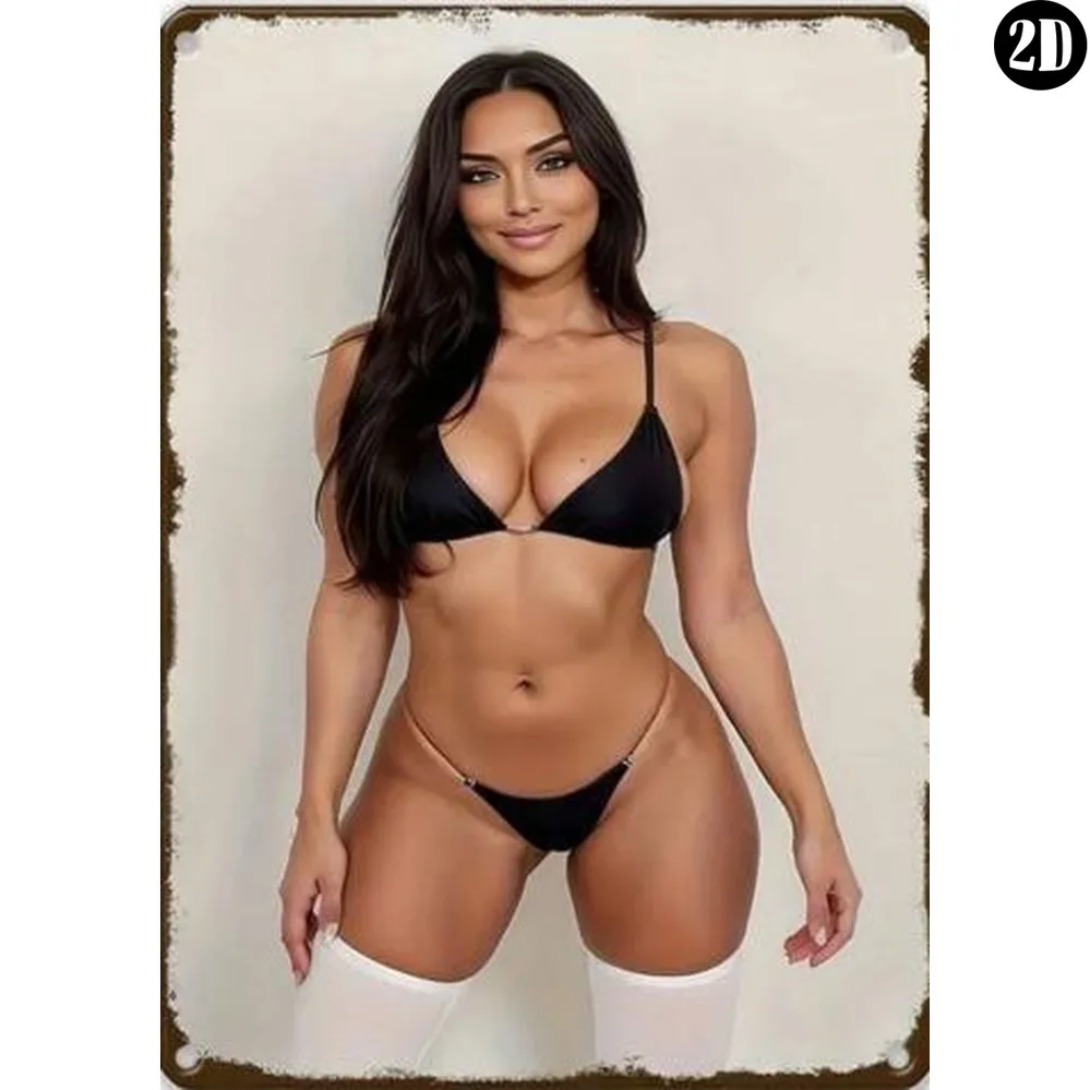 Metal Tin Sign, Long Brunette Woman Black String Bikini White Thigh High Socks Solid Indoor Background Vintage