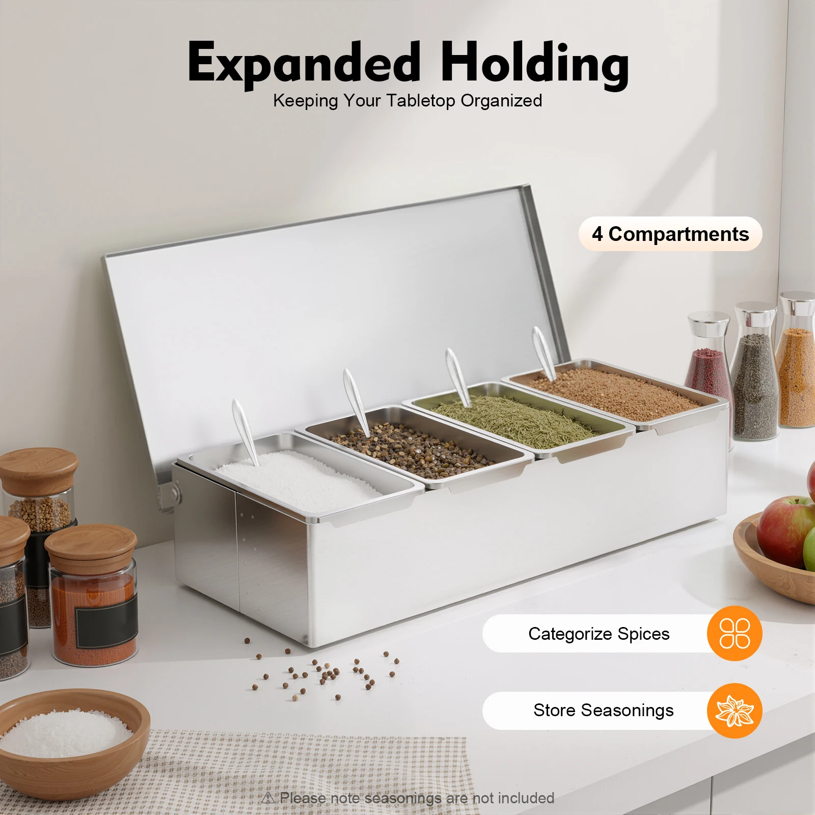 4 Slot Condiment Carrier With 4 Spoons, Stainless Steel Tabletop Seasoning Box, 38*17*9.5cm Spice Organizer For Kitchen Use