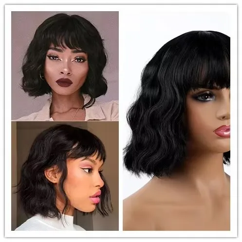 WHIMSICAL W 12 inch Short Body Wave Black Wigs Synthetic Wig For Women With Bangs Heat Resistant Hair