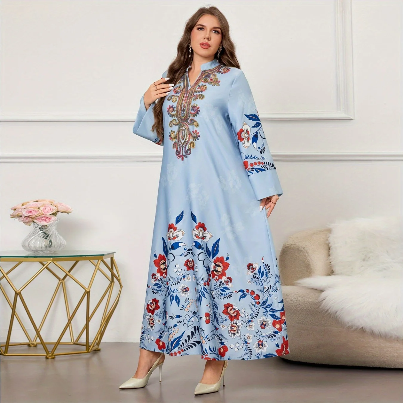 

Middle Eastern Muslim Robe Print Embroidered Dress Dubai Robe Costume Accessories Sets Renaissance