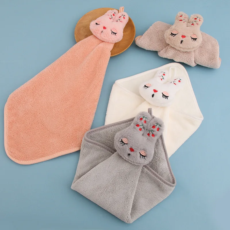 Cartoon Rabbit Hand Towel Handkerchief Coral Velvet Hang To Quick Dry Design Kitchen Bathroom Water-absorbent Cleaning Towels