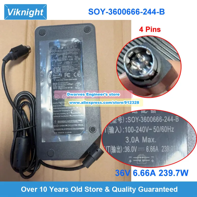 SOY-3600666-244-B AC Adapter 36V 6.66A 239.7W for SOY Laptop Power Supply Round with 4 Pins