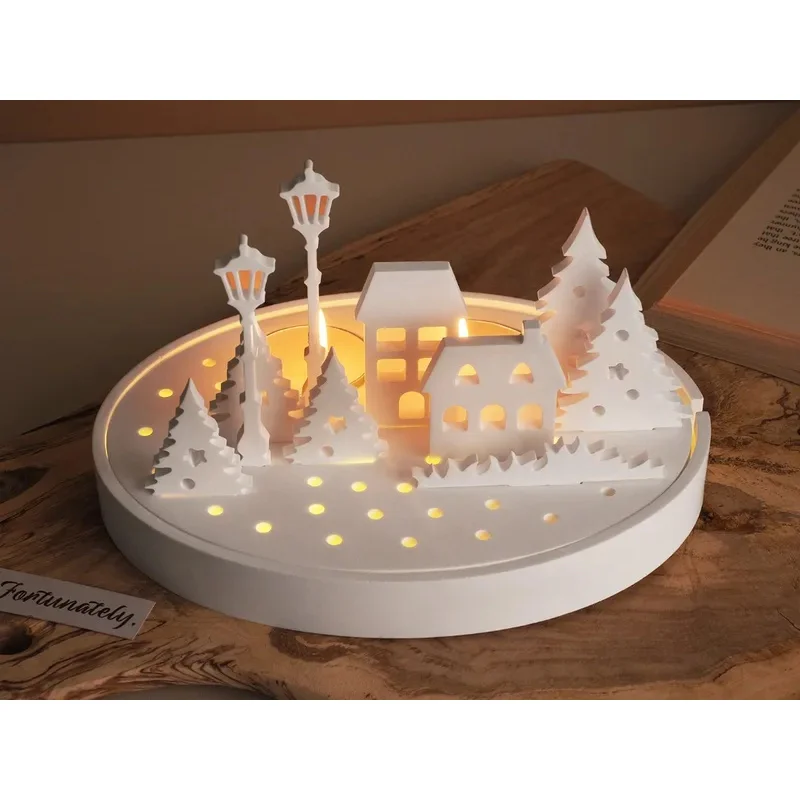 DIY Hollow House Design Tealight Candle Holder Silicone Mold Street Lamp Tree Ornaments Gypsum Poring Resin Mold Home Decor