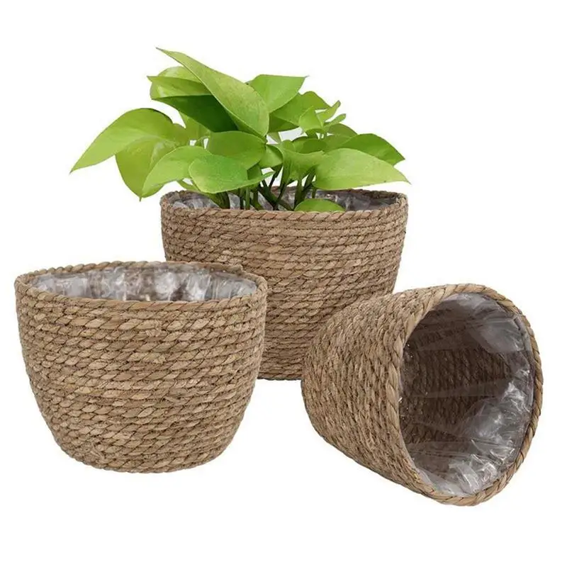 

Seagrass Wicker Work Rattan Basket 3 PCS Hanging Planting Flower Pot Storage Laundry Basket Home Garden Decoration