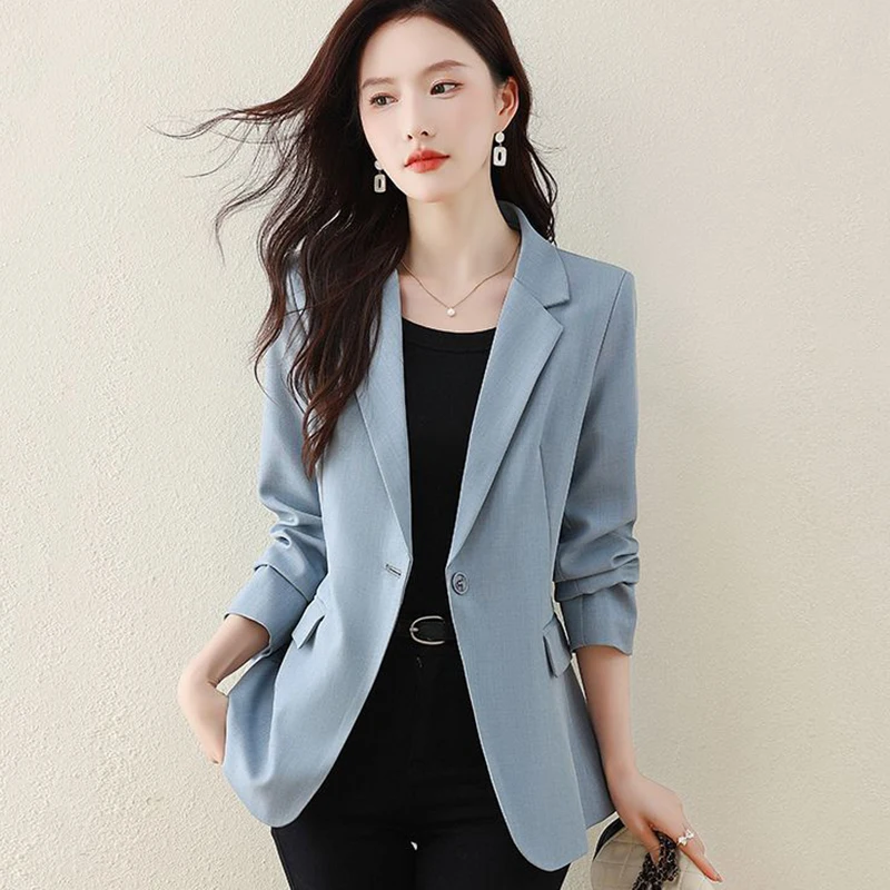 คลาสสิกสีทึบปุ่มเดียว Blazer สําหรับผู้หญิงฤดูใบไม้ผลิฤดูใบไม้ร่วงเปิดลงปกชุดสูทแจ็คเก็ตผู้หญิง Slim เสื้อแขนยาว