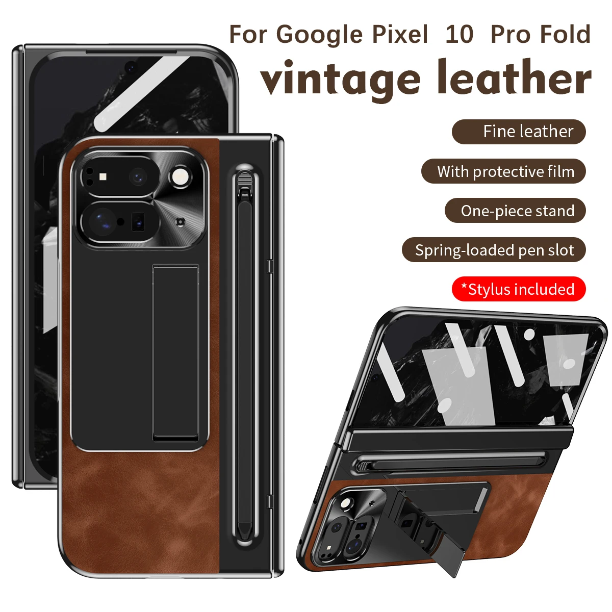 

Чехол для Google Pixel 10 Pro Fold, винтажная кожаная защитная пленка из тонкой кожи, цельная подставка, пружинный слот для ручки, чехол для стилуса