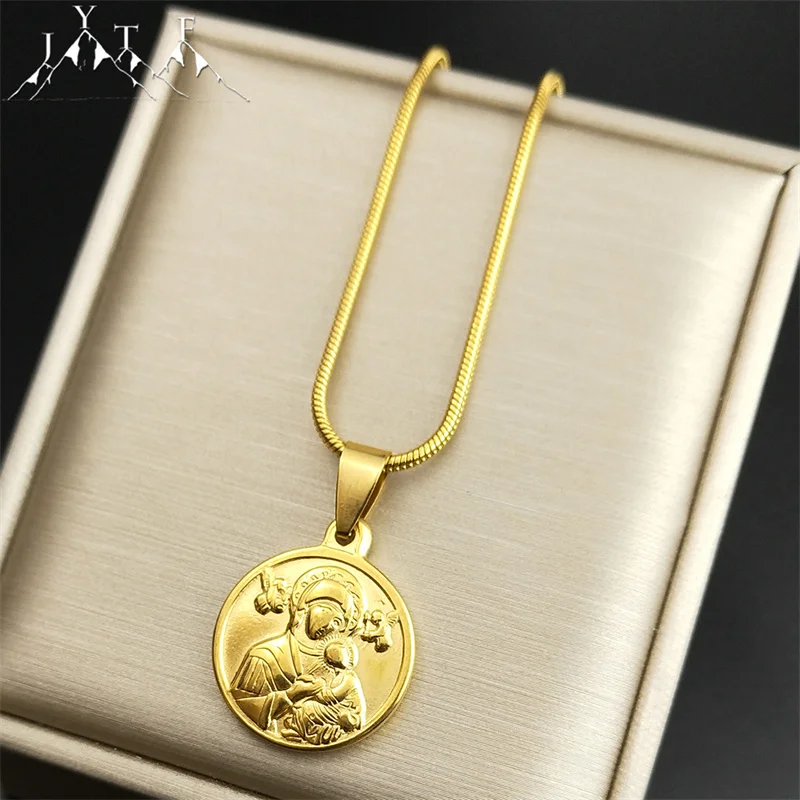 

Virgin Mary Pendant Round Medal Necklace Chain for Women Stainless Steel Gold Color Exquisite Religious Party Jewelry Gift ZZZ44