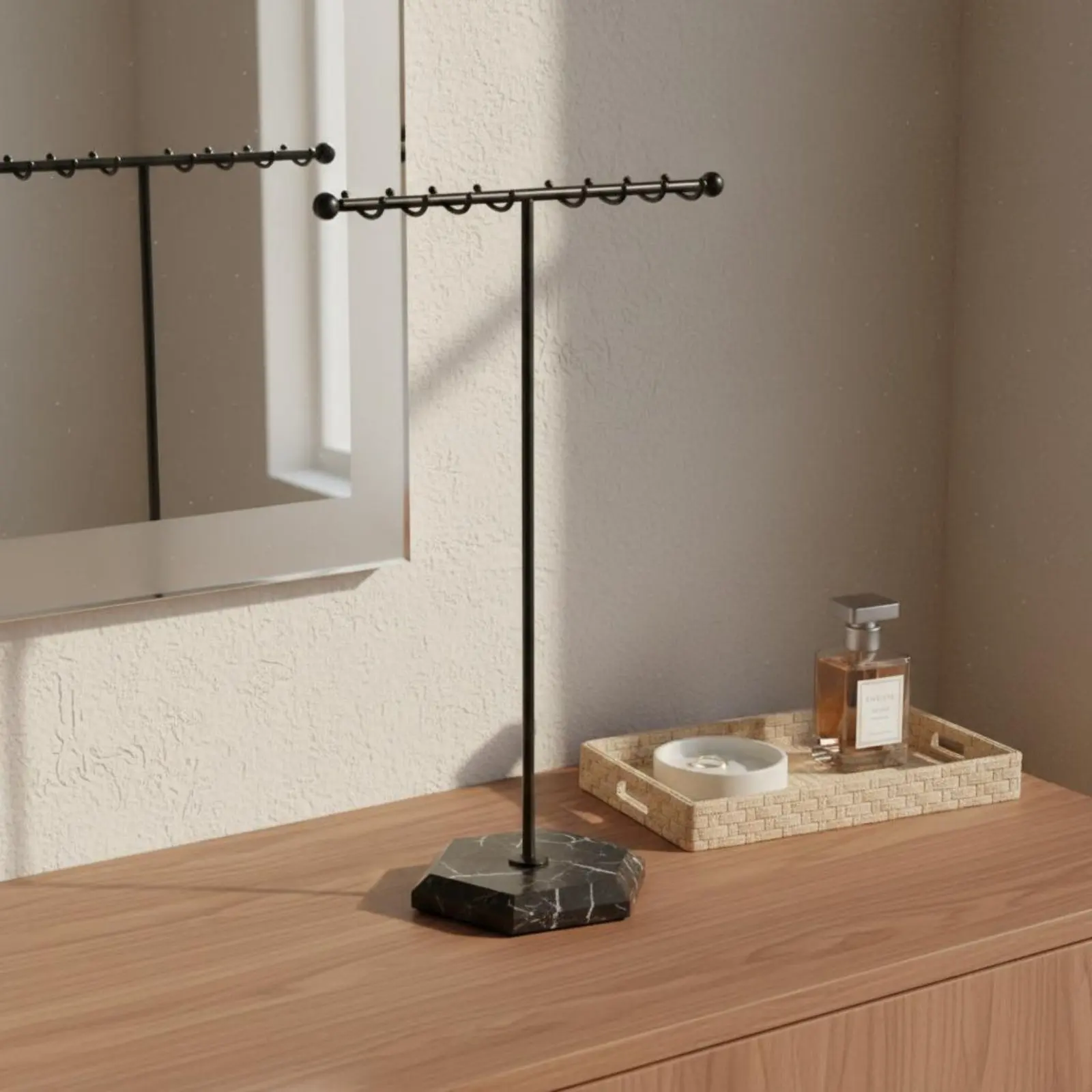 16 Hook Earring Stand Marble Pattern Base Double Row Jewelry Rack T-Shaped Bar Jewelry Holder Desktop Design Accessory Storage