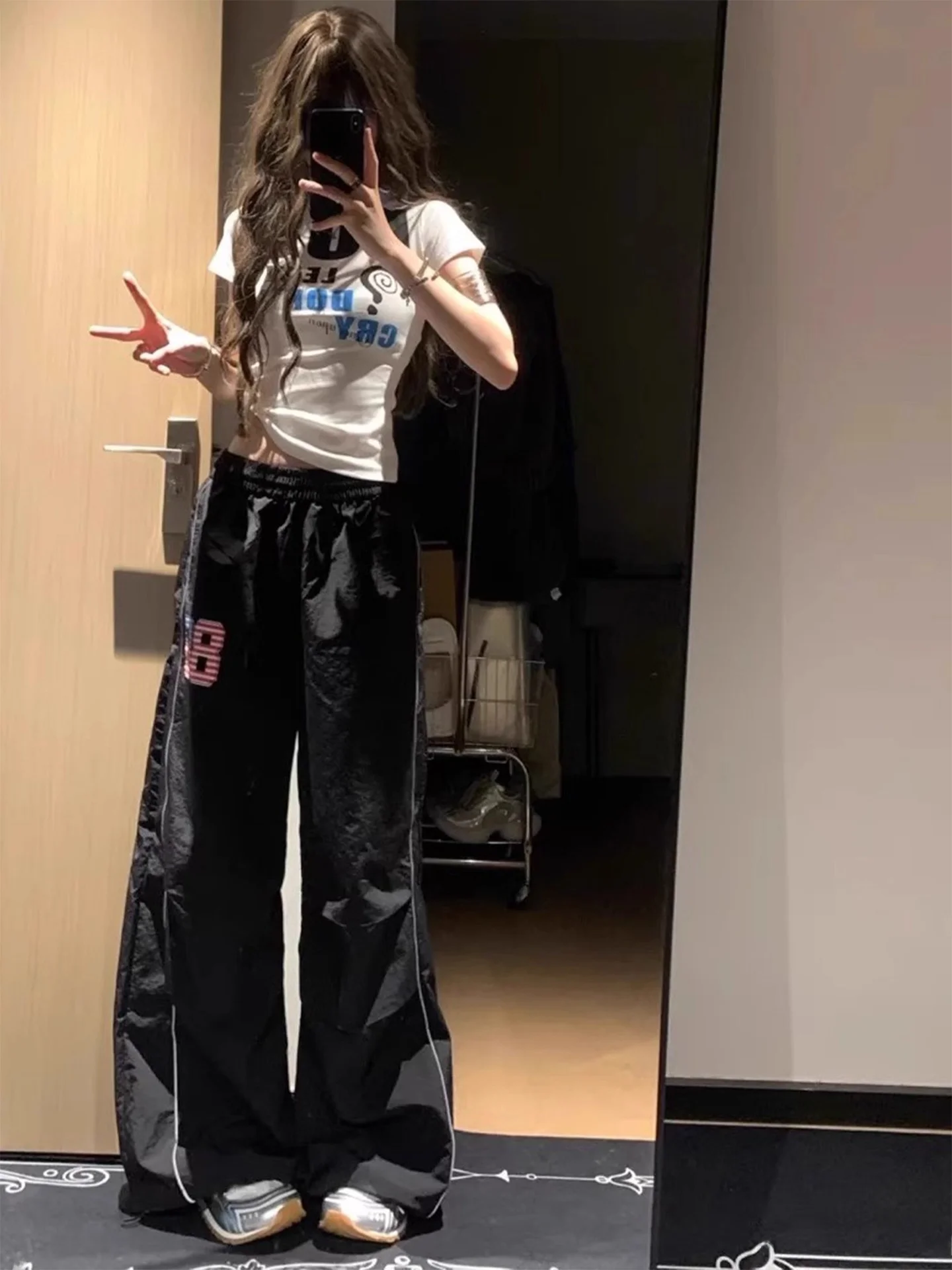 Retro American Printed Reflective Strip Casual Pants Women's Lightweight Qui Dry Sports Long Trousers High Waist Straight Leg