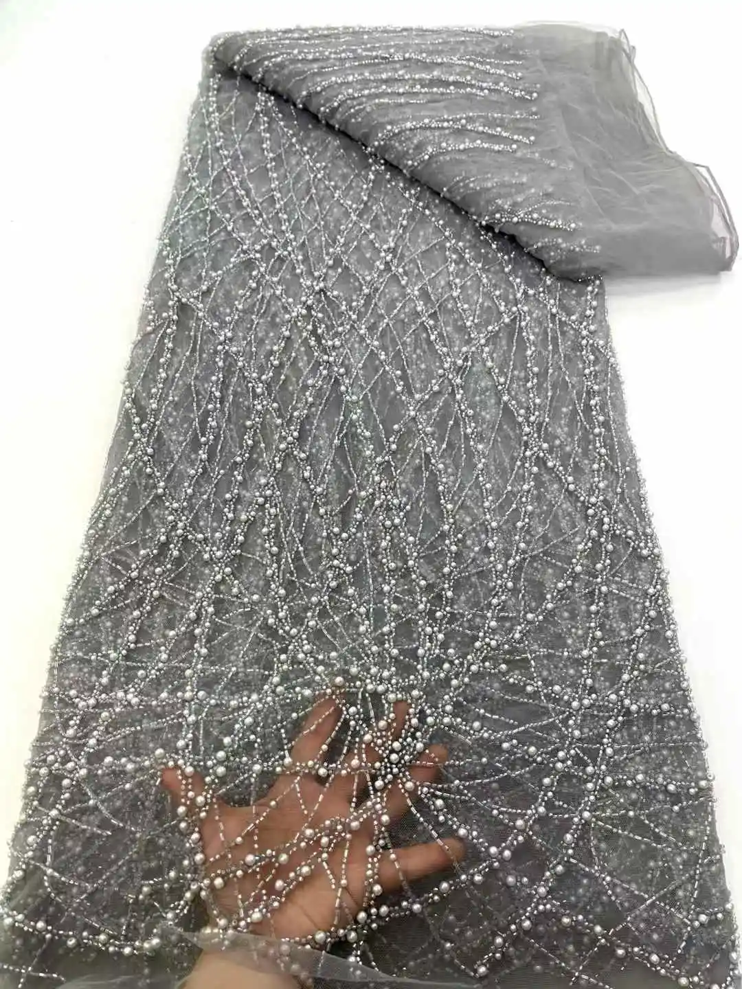 High-End หรูหราภาษาฝรั่งเศสคําเย็บปักถักร้อย Heavy เจ้าบ่าวลูกปัดลูกไม้ผ้าเลื่อม 5 หลาคุณภาพสูง Materiel สําหรับชุดปาร์ตี้