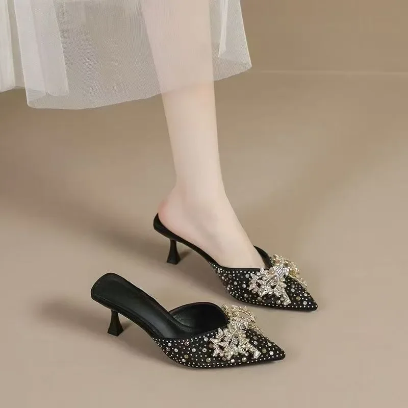 

Luxury Rhinestone High Heel Slippers Woman Summer 2025 Sexy Bowknot Peep Toe Designer Sandals Elegant Party Dress Ladies Slides