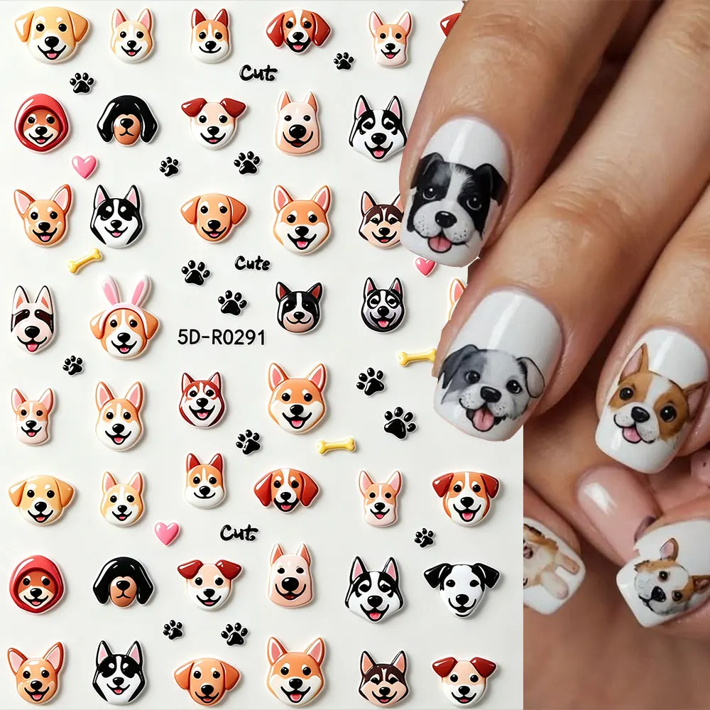 5D Embossed Cute Puppy Dog Nail Stickers Cartoon Corgi Husky Pet Dog Paw Print Nail Decals Kawaii Animal DIY Nail Decorations
