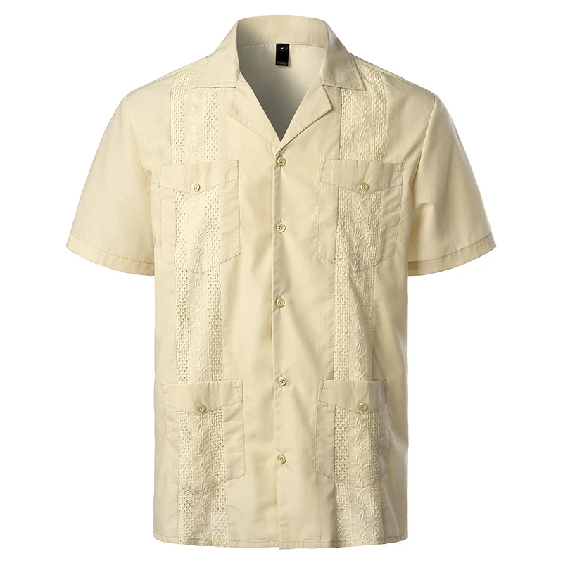 

Fashion Cuban Embroidered Pleats Shirt Men 2023 Brand Short Sleeve Casual Button Down Guayabera Shirts Men Chemise Homme 4XL