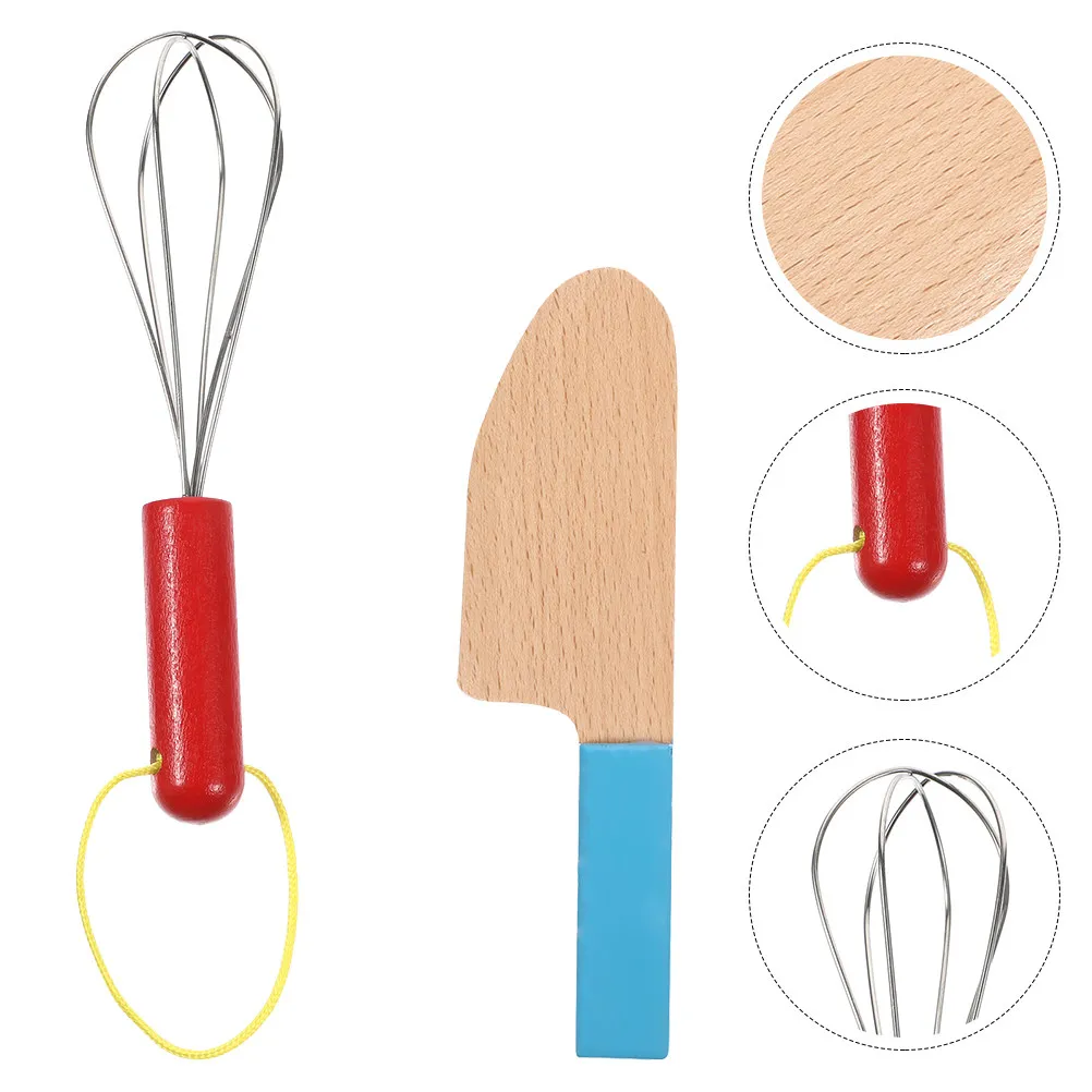 

2Pcs Wooden Kitchenware Playset for Kids Creative Educational Cutter Whisk Set Safe Smooth Edges for Parent-Child Cooking Fun