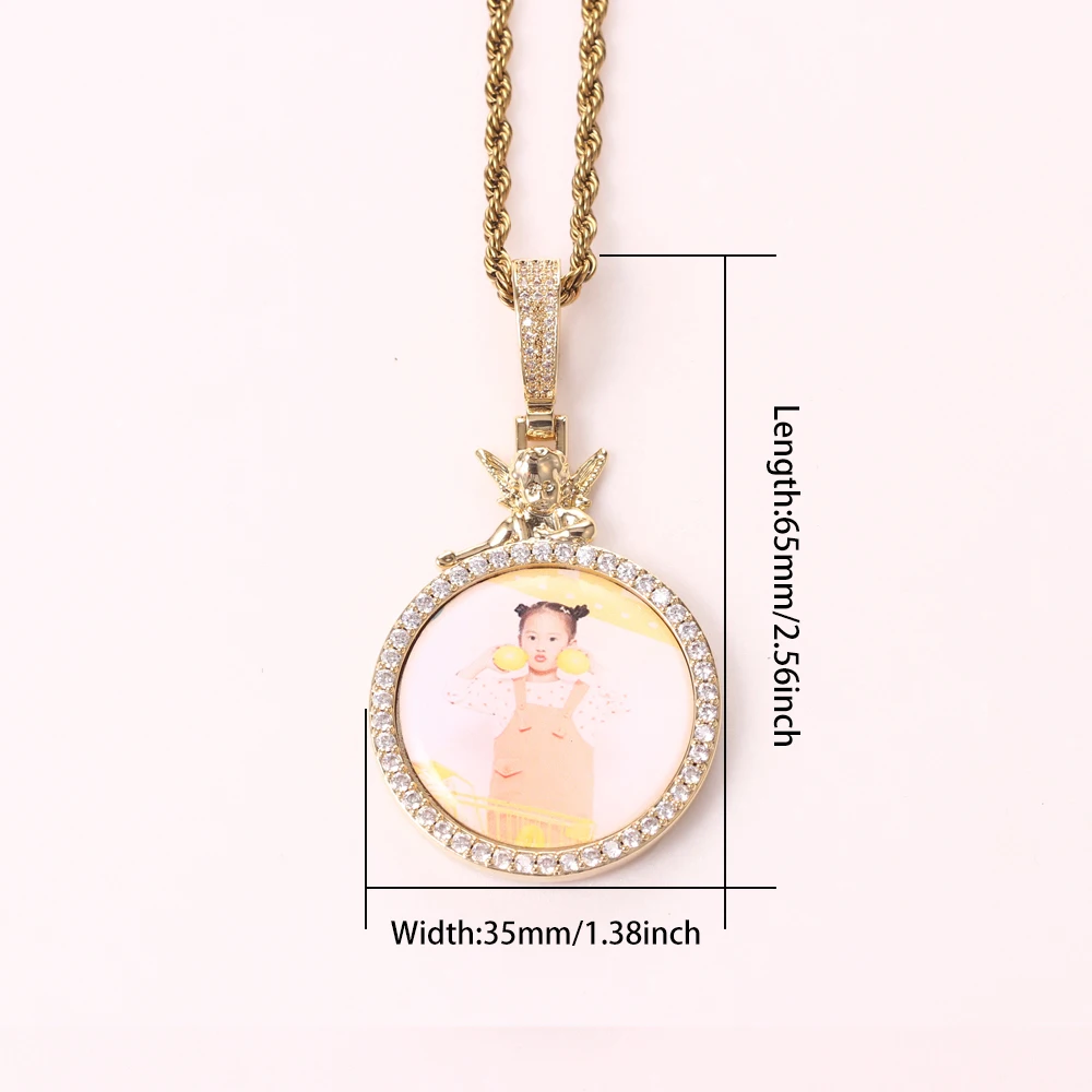 New Personalised Iced Out Angel Photo Frame Pendant Jewelry Men Women Hip Hop Full Cubic Zircon Brass Gold Plated Round Necklace