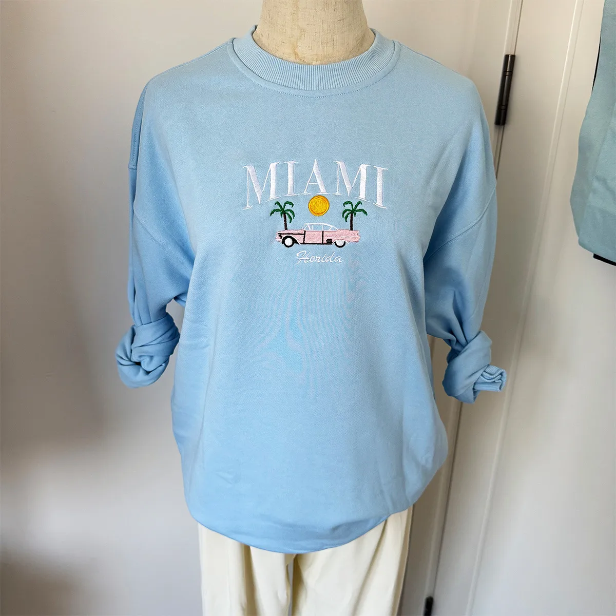 Vintage Style Miami Florida Automobile Embroidered Loose Sweatshirts Women Thick Cotton Crewneck Pullover Kpop Street Jumpers