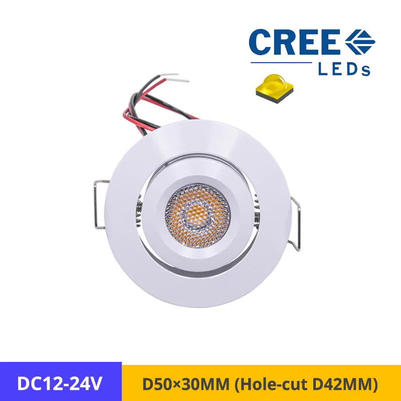 

24PCS 3W Recessed Spotlight High Quality LED Adjustable Lamp 12VDC D50xH30mm Small Ceiling Lighting Hole-cut D1.65in