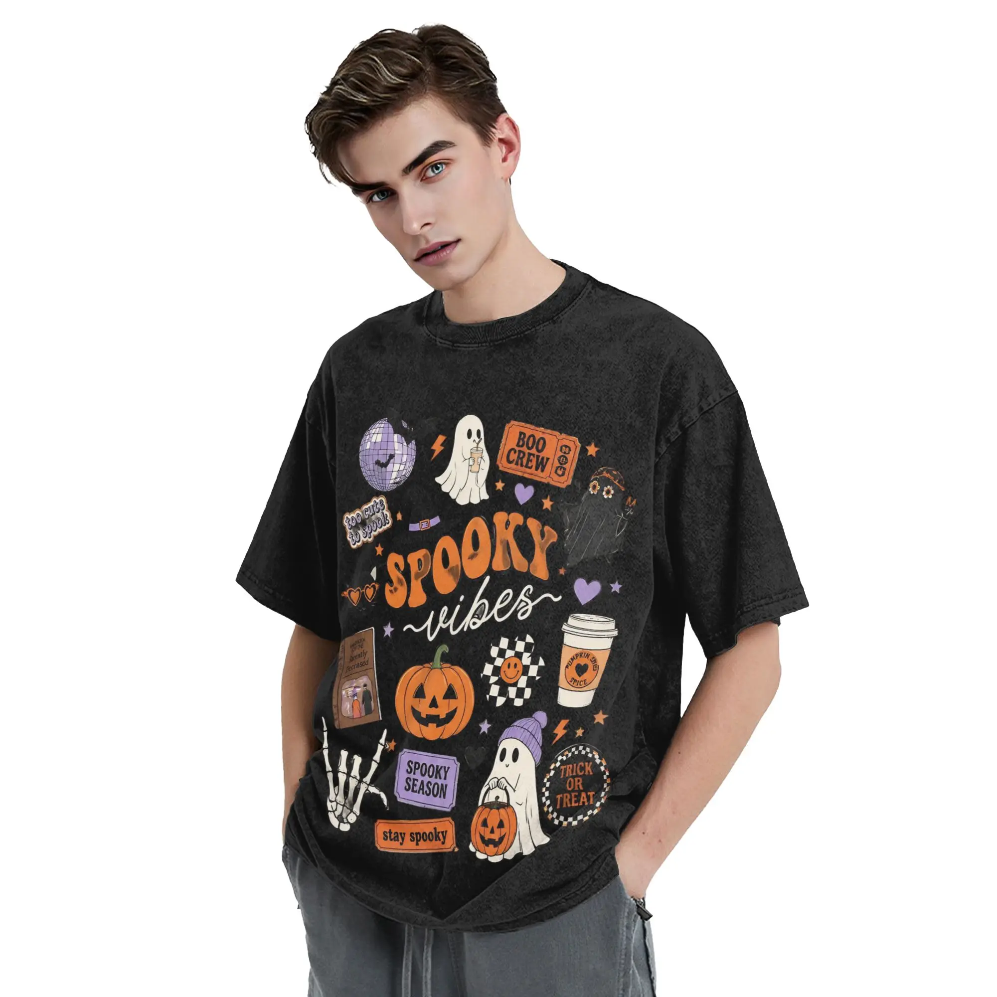Spooky Vibes Halloween Ghost Pumpkin Washed T Shirts Streetwear Vintage T-Shirt Tees Tops for Men Women 100% Cotton Graphic