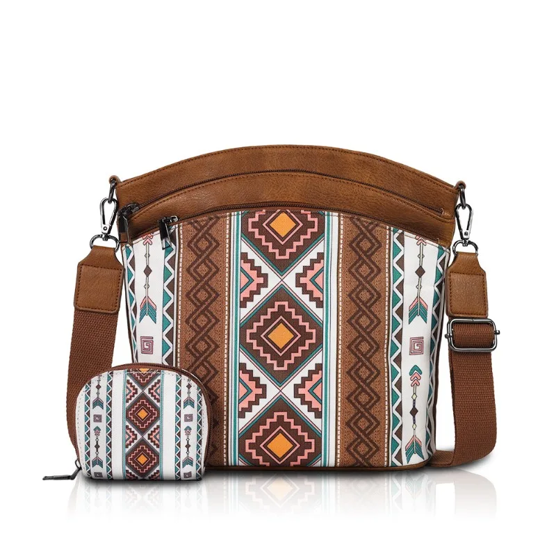 

Chic Ethnic Pattern Bag Set Crossbody + Coin Purse Mixed Texture Roomy Stylish Versatile Café Date Daily Women’s Elegant Handbag